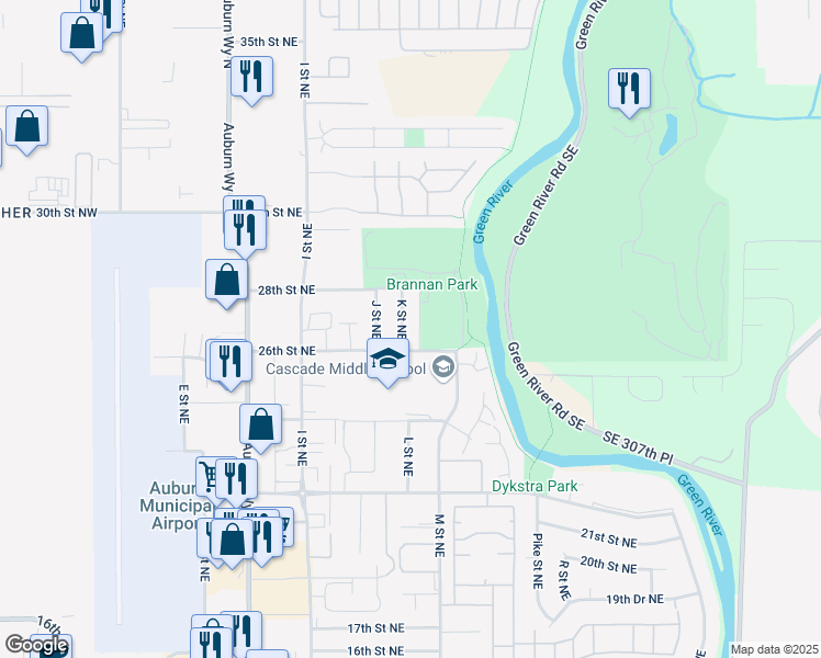 map of restaurants, bars, coffee shops, grocery stores, and more near 2702 K Street Northeast in Auburn