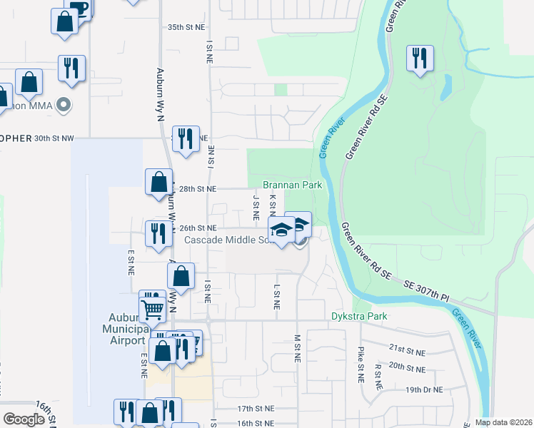map of restaurants, bars, coffee shops, grocery stores, and more near 2702 K Street Northeast in Auburn