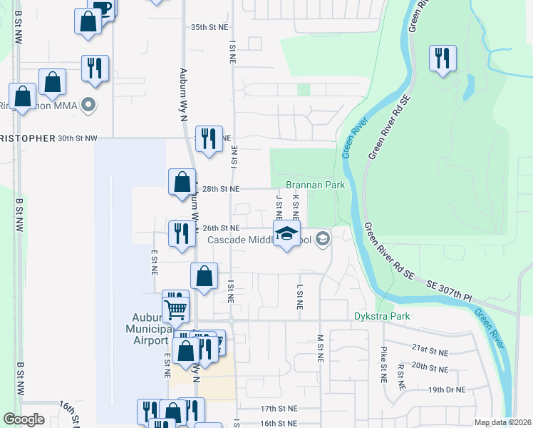 map of restaurants, bars, coffee shops, grocery stores, and more near 2701 J Street Northeast in Auburn