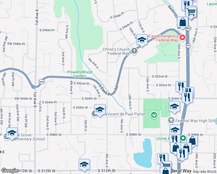 map of restaurants, bars, coffee shops, grocery stores, and more near 30210 8th Avenue South in Federal Way