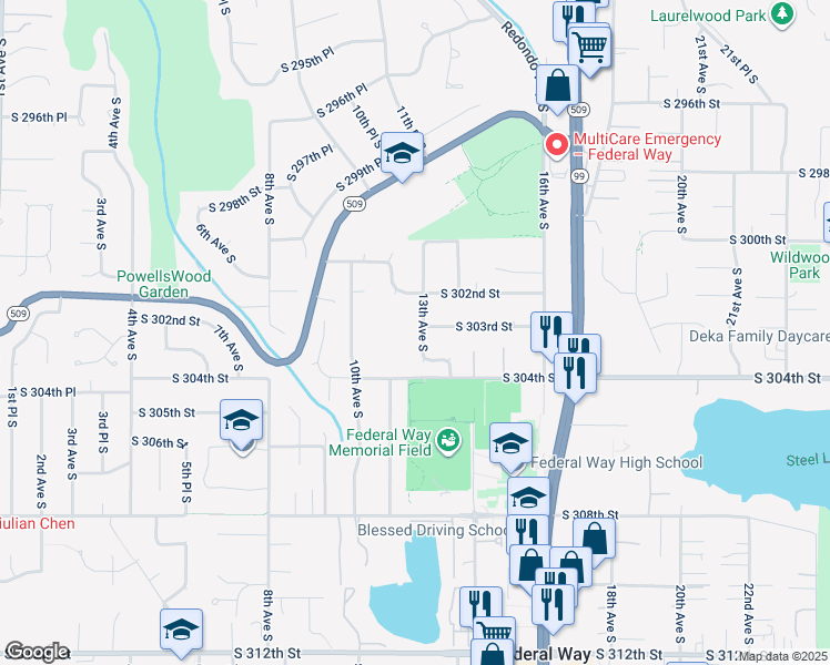 map of restaurants, bars, coffee shops, grocery stores, and more near 30307 13th Avenue South in Federal Way