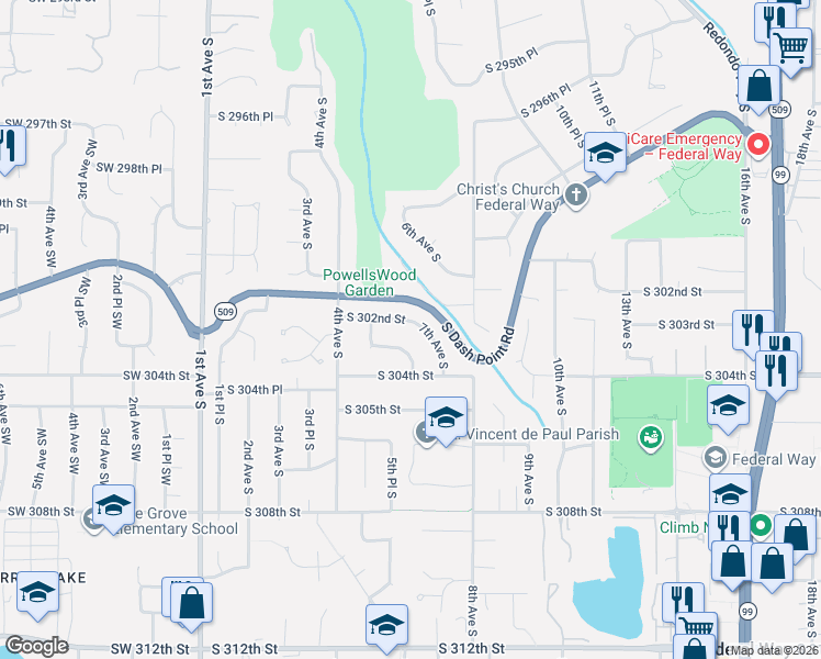 map of restaurants, bars, coffee shops, grocery stores, and more near 539 South 302nd Street in Federal Way