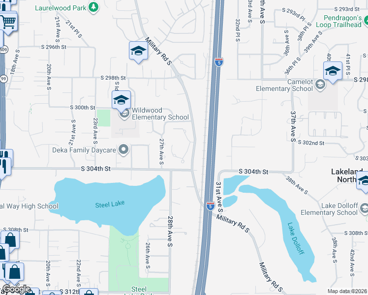 map of restaurants, bars, coffee shops, grocery stores, and more near 30215 29th Avenue South in Federal Way