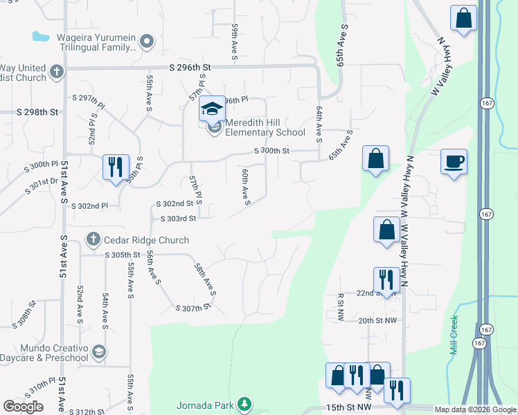 map of restaurants, bars, coffee shops, grocery stores, and more near 6061 South 302nd Street in Auburn
