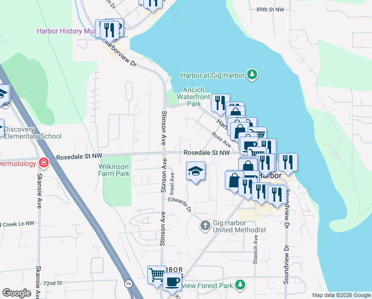 map of restaurants, bars, coffee shops, grocery stores, and more near 3615 Rosedale Street Northwest in Gig Harbor