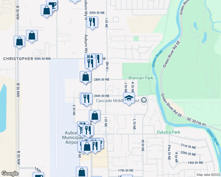 map of restaurants, bars, coffee shops, grocery stores, and more near 2704 I Street Northeast in Auburn