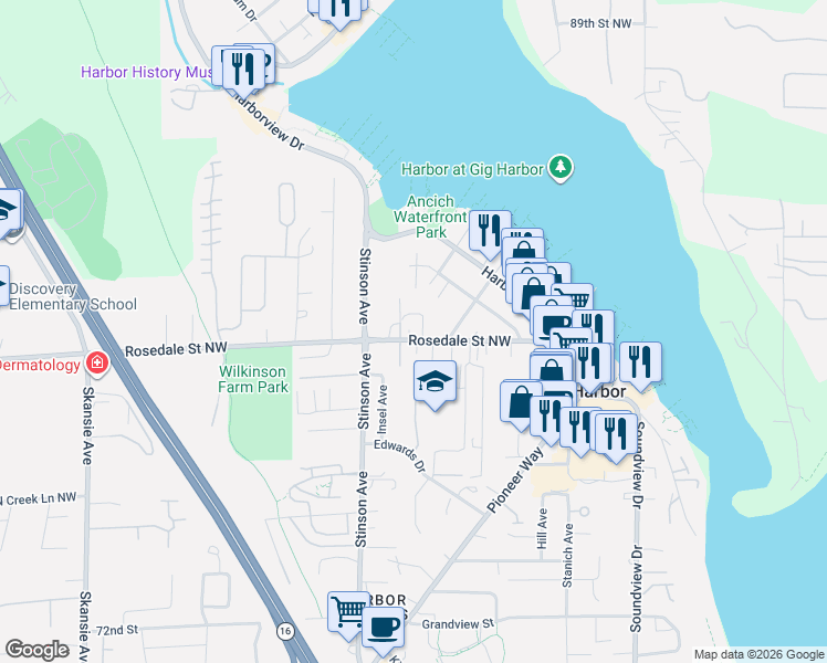 map of restaurants, bars, coffee shops, grocery stores, and more near 3615 Rosedale Street Northwest in Gig Harbor