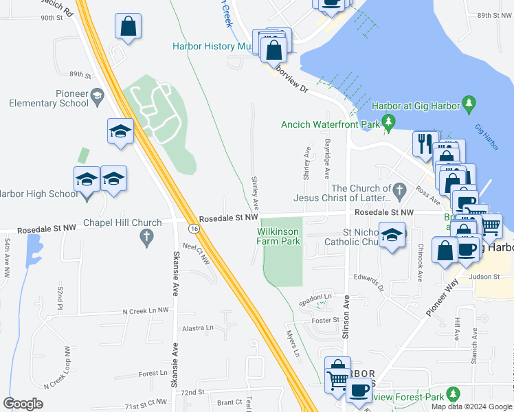 map of restaurants, bars, coffee shops, grocery stores, and more near 4203 Rosedale Street Northwest in Gig Harbor