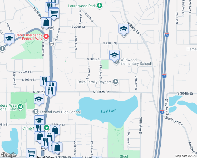 map of restaurants, bars, coffee shops, grocery stores, and more near 30211 23rd Avenue South in Federal Way
