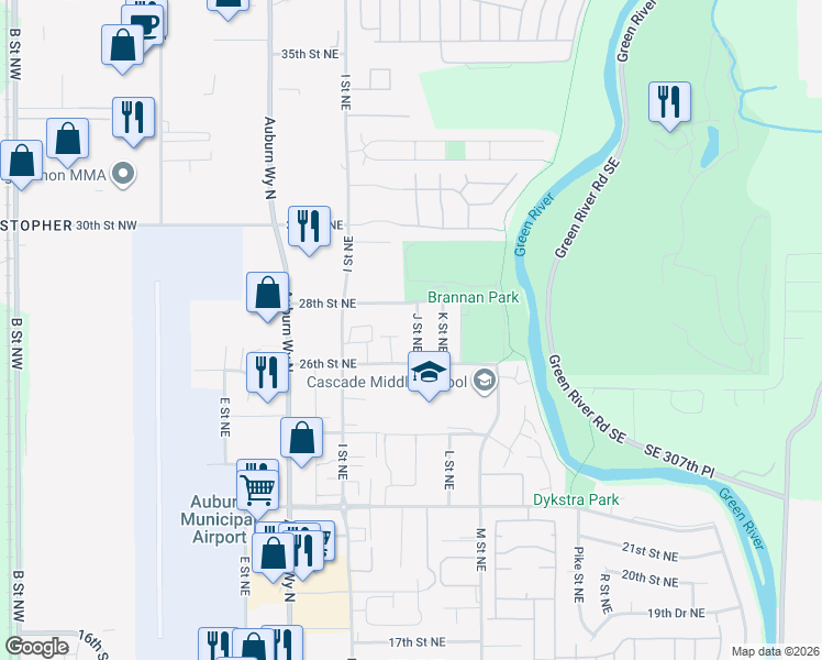 map of restaurants, bars, coffee shops, grocery stores, and more near 2701 J Street Northeast in Auburn