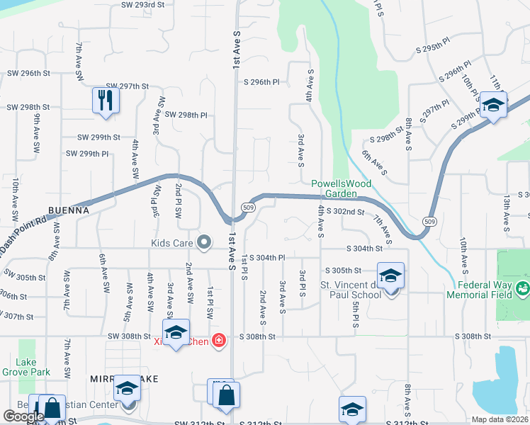 map of restaurants, bars, coffee shops, grocery stores, and more near 143 South 302nd Street in Federal Way