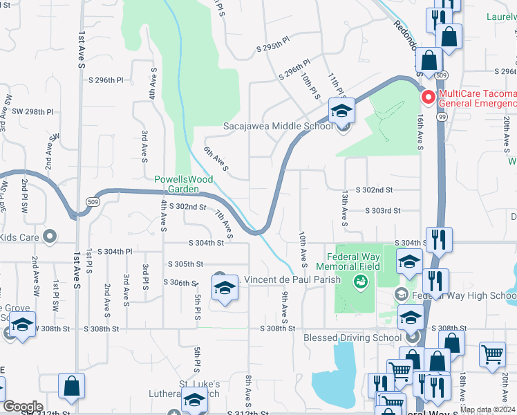 map of restaurants, bars, coffee shops, grocery stores, and more near 30210 8th Avenue South in Federal Way
