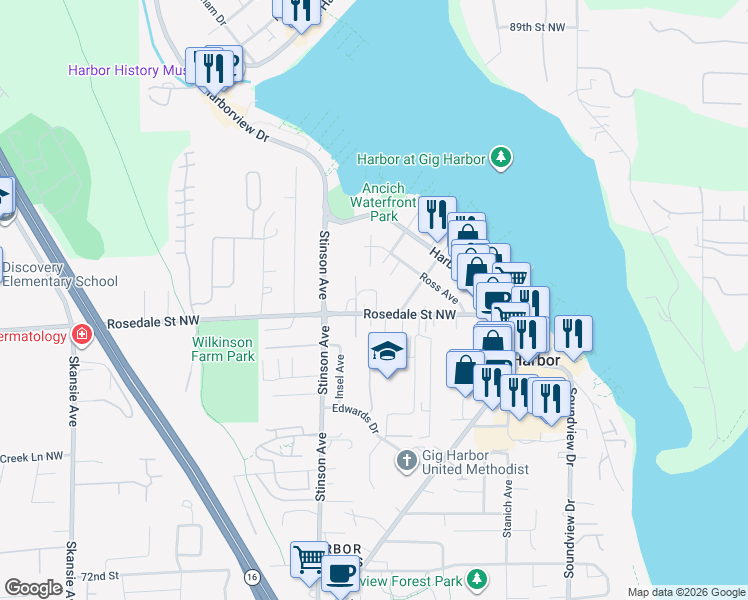 map of restaurants, bars, coffee shops, grocery stores, and more near 3615 Rosedale Street Northwest in Gig Harbor