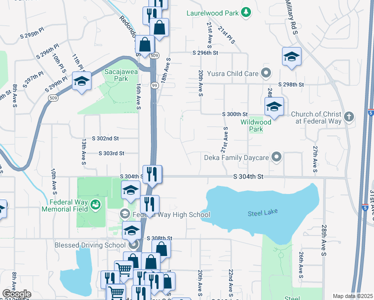 map of restaurants, bars, coffee shops, grocery stores, and more near 1915 South 302nd Street in Federal Way