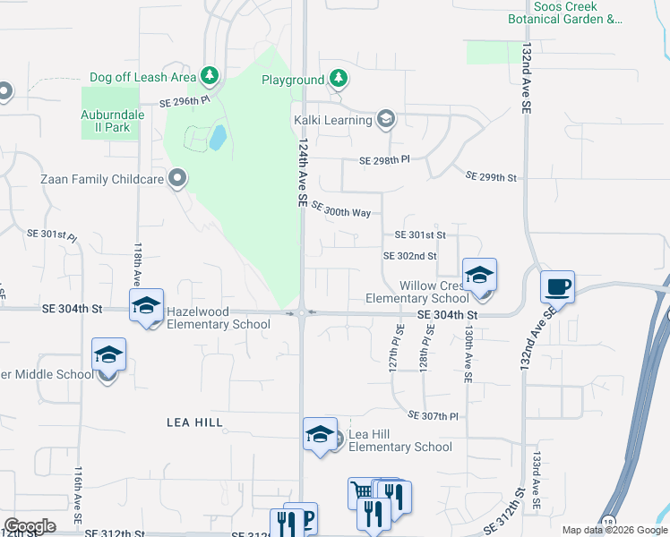 map of restaurants, bars, coffee shops, grocery stores, and more near 30204 125th Court Southeast in Auburn