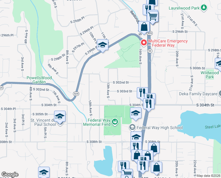 map of restaurants, bars, coffee shops, grocery stores, and more near 1302 South 303rd Street in Federal Way