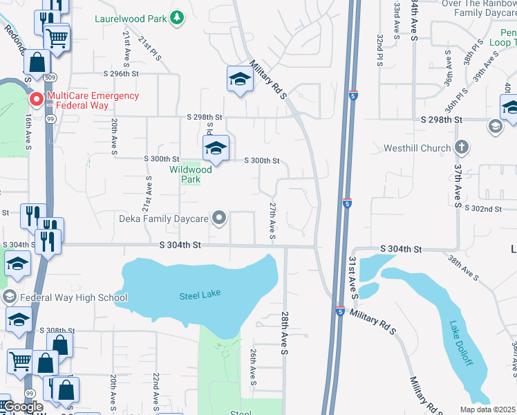 map of restaurants, bars, coffee shops, grocery stores, and more near 2544 South 302nd Place in Federal Way