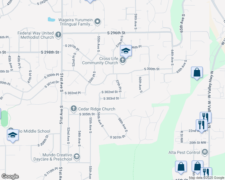 map of restaurants, bars, coffee shops, grocery stores, and more near 5656 South 302nd Street in Federal Way