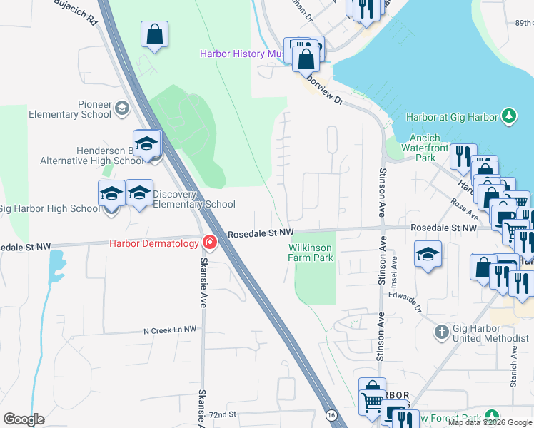 map of restaurants, bars, coffee shops, grocery stores, and more near 8015 Mitts Lane Northwest in Gig Harbor