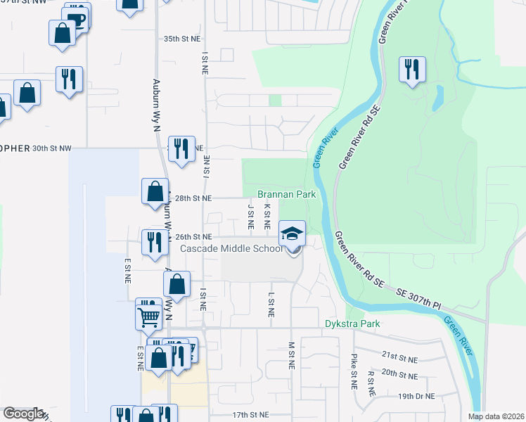 map of restaurants, bars, coffee shops, grocery stores, and more near 2702 K Street Northeast in Auburn