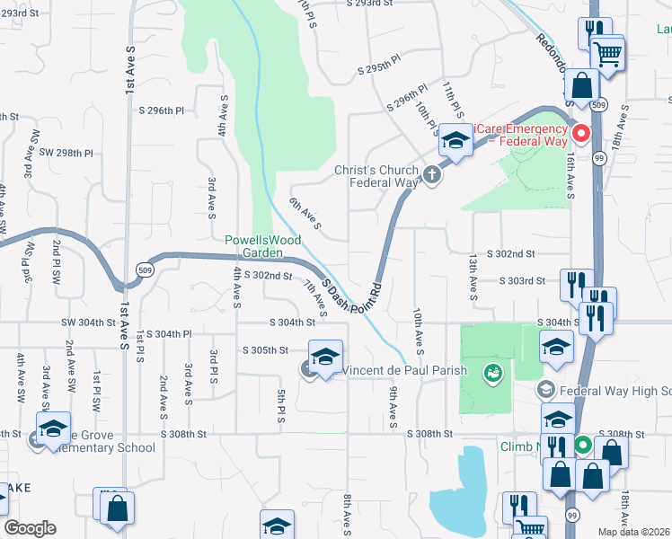 map of restaurants, bars, coffee shops, grocery stores, and more near 621 South 302nd Street in Federal Way