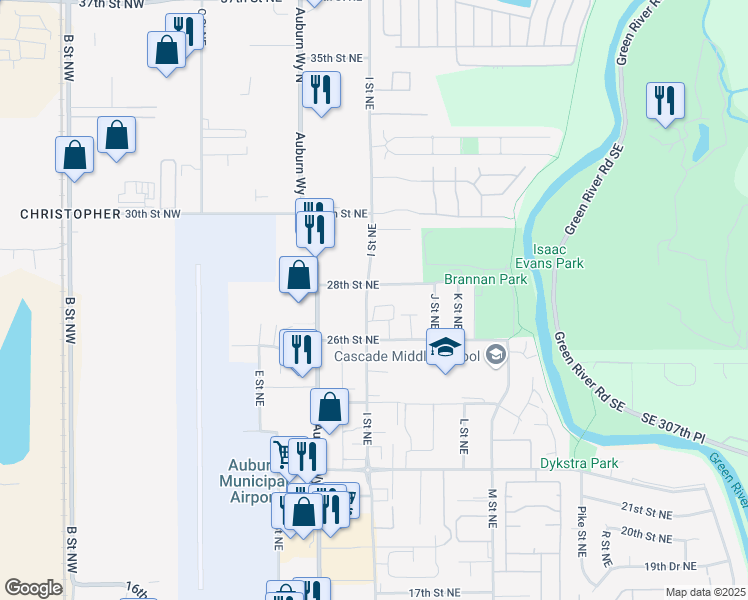 map of restaurants, bars, coffee shops, grocery stores, and more near 2716 I Street Northeast in Auburn