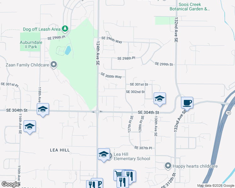 map of restaurants, bars, coffee shops, grocery stores, and more near 12530 Southeast 304th Street in Auburn