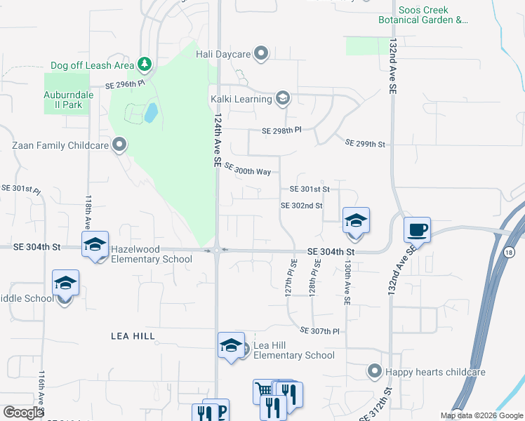 map of restaurants, bars, coffee shops, grocery stores, and more near 12530 Southeast 304th Street in Auburn