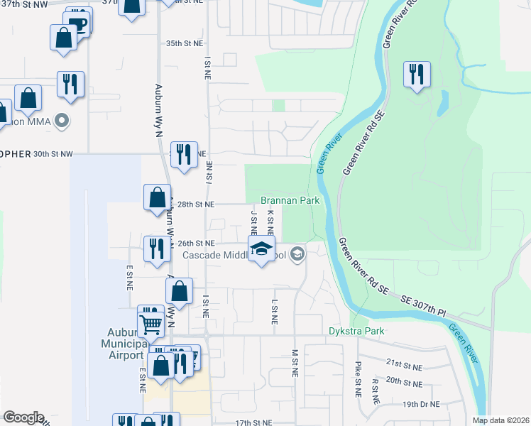 map of restaurants, bars, coffee shops, grocery stores, and more near 2702 K Street Northeast in Auburn