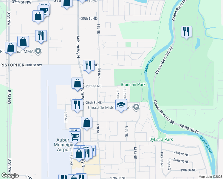 map of restaurants, bars, coffee shops, grocery stores, and more near 2701 J Street Northeast in Auburn