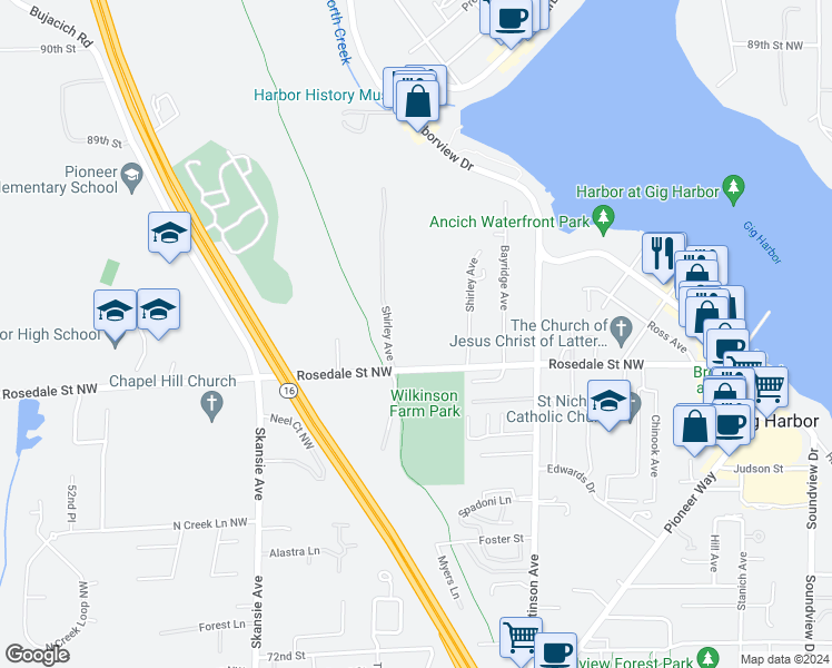 map of restaurants, bars, coffee shops, grocery stores, and more near 4117 Rosedale Street Northwest in Gig Harbor