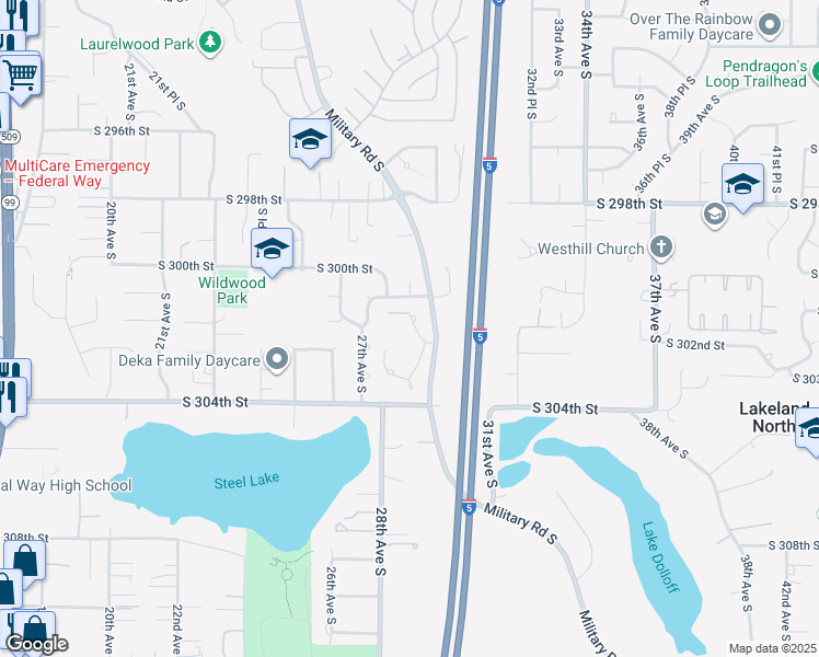 map of restaurants, bars, coffee shops, grocery stores, and more near 30127 29th Avenue South in Federal Way