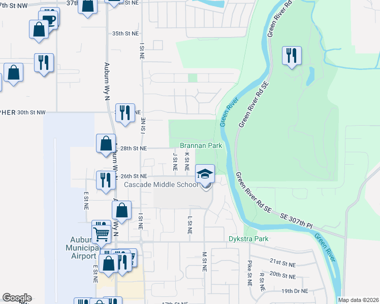 map of restaurants, bars, coffee shops, grocery stores, and more near 2702 K Street Northeast in Auburn