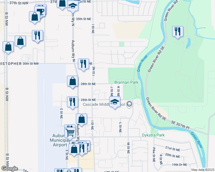 map of restaurants, bars, coffee shops, grocery stores, and more near 2701 J Street Northeast in Auburn