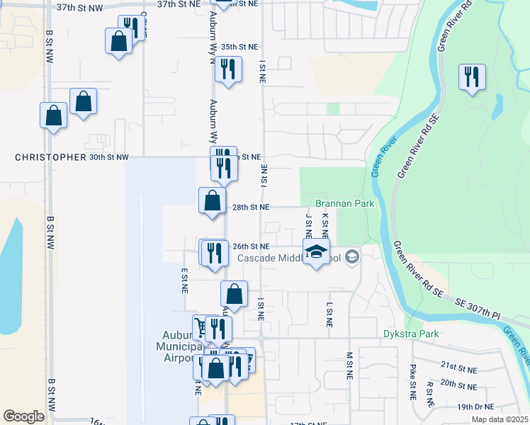 map of restaurants, bars, coffee shops, grocery stores, and more near 2704 I Street Northeast in Auburn
