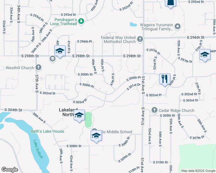 map of restaurants, bars, coffee shops, grocery stores, and more near 30019 47th Place South in Auburn
