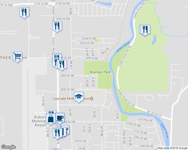 map of restaurants, bars, coffee shops, grocery stores, and more near 940 28th Street Northeast in Auburn