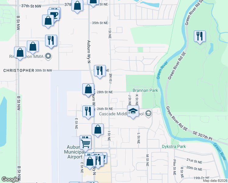 map of restaurants, bars, coffee shops, grocery stores, and more near 915 28th Street Northeast in Auburn