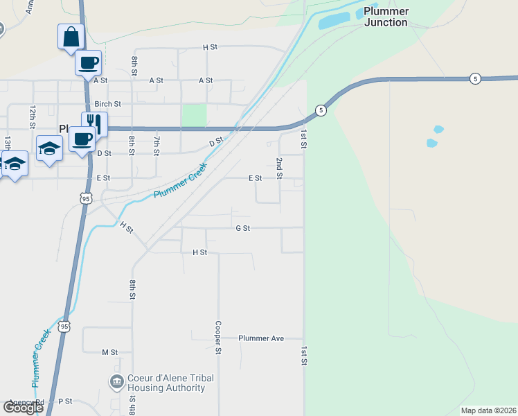 map of restaurants, bars, coffee shops, grocery stores, and more near 262 F Street in Plummer