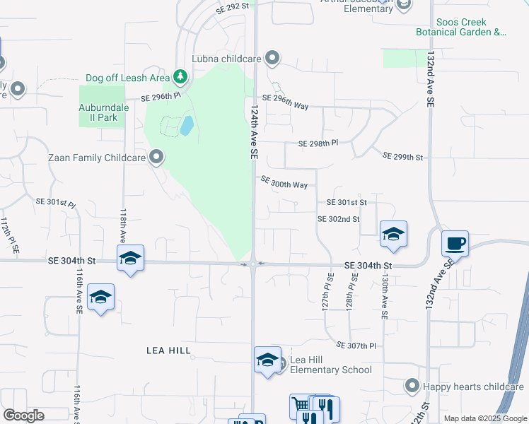 map of restaurants, bars, coffee shops, grocery stores, and more near 30032 125th Court Southeast in Auburn