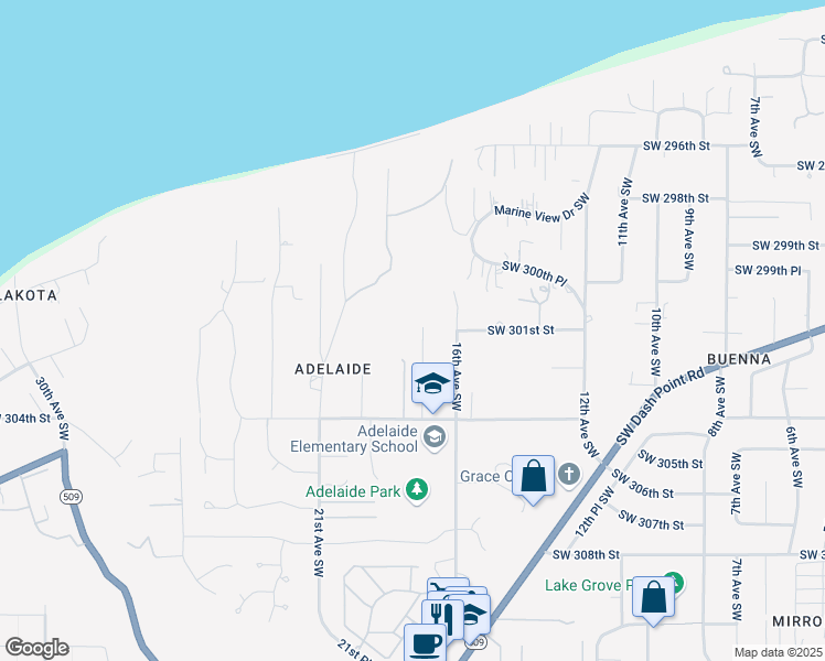 map of restaurants, bars, coffee shops, grocery stores, and more near 30107 17th Avenue Southwest in Federal Way
