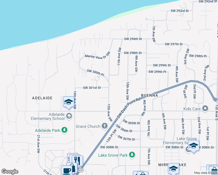 map of restaurants, bars, coffee shops, grocery stores, and more near Southwest 301st Street in Federal Way