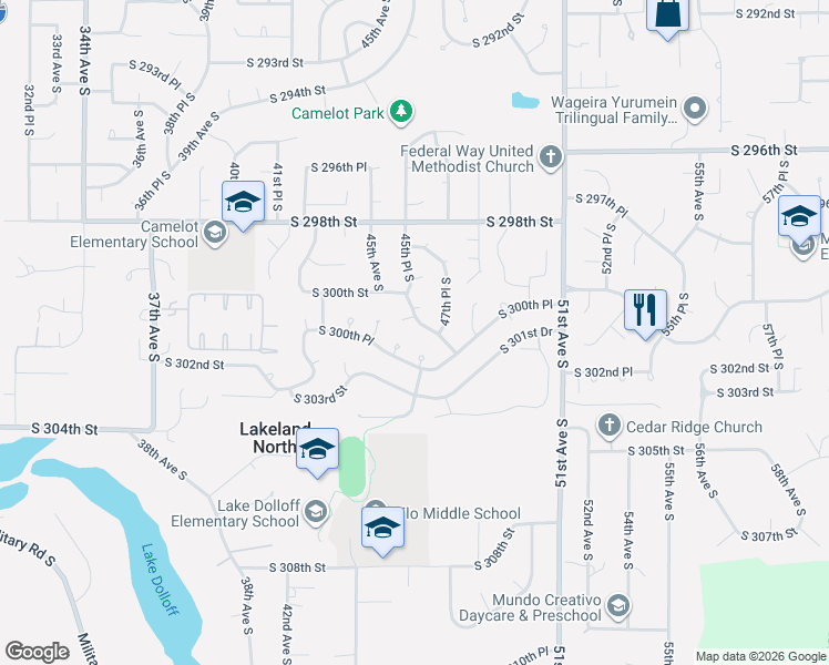 map of restaurants, bars, coffee shops, grocery stores, and more near 30013 45th Place South in Auburn