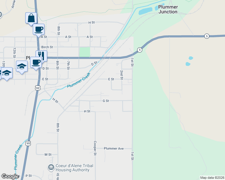 map of restaurants, bars, coffee shops, grocery stores, and more near 466 F Street in Plummer