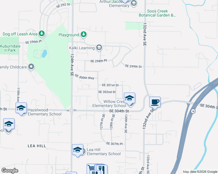 map of restaurants, bars, coffee shops, grocery stores, and more near 12820 Southeast 301st Street in Auburn