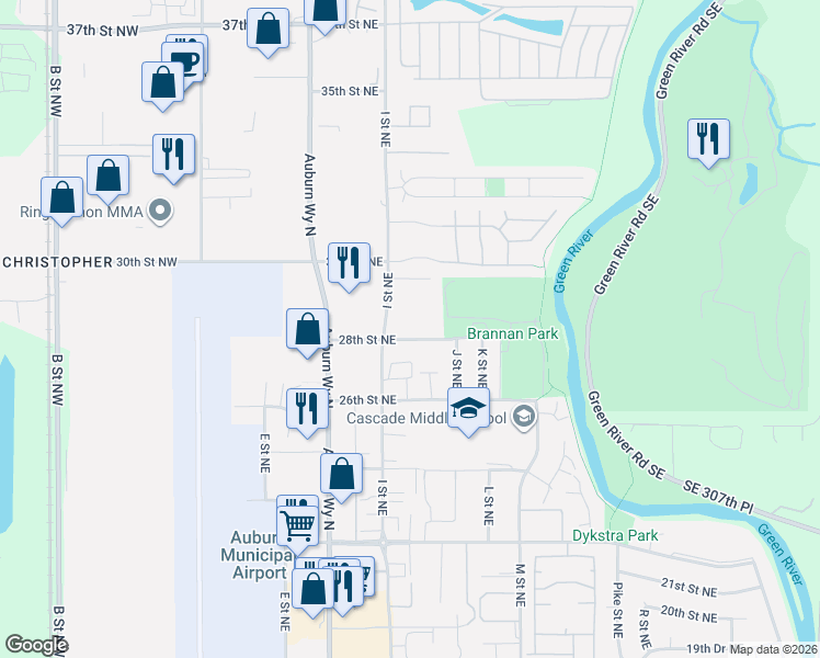 map of restaurants, bars, coffee shops, grocery stores, and more near 2830 I Street Northeast in Auburn