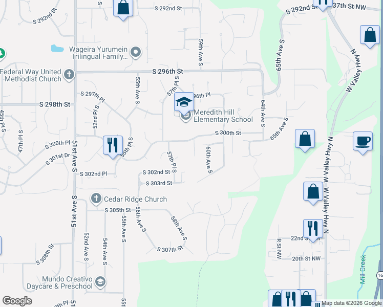 map of restaurants, bars, coffee shops, grocery stores, and more near 30014 58th Place South in Auburn