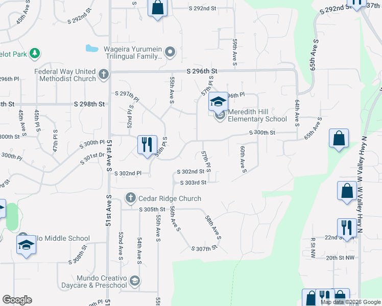 map of restaurants, bars, coffee shops, grocery stores, and more near 5631 South 300th Place in Auburn