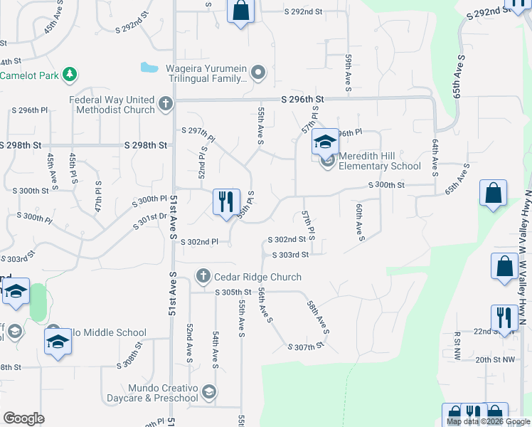 map of restaurants, bars, coffee shops, grocery stores, and more near 5560 South 300th Place in Auburn
