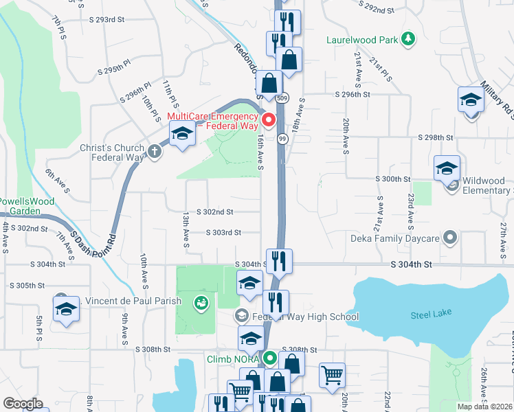 map of restaurants, bars, coffee shops, grocery stores, and more near 30200 Pacific Highway South in Federal Way